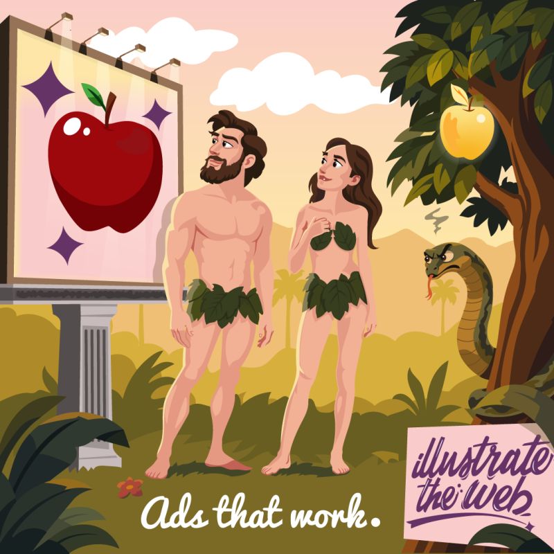 Illustrated LinkedIn ad: a billboard advertising a glowing red apple to Adam and Eve while a serpent offers a golden apple, captioned 'Ads that work.'