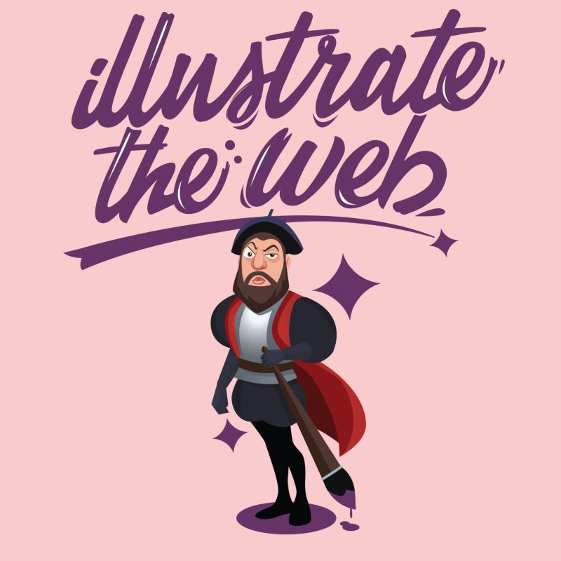 Illustrated LinkedIn ad with hand-lettered 'illustrate the web' script above a Renaissance figure wielding a giant paintbrush.